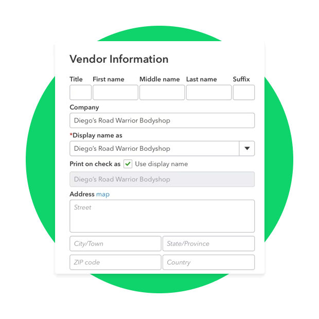 A graphic shows how QuickBooks lays out form fields and menus for adding a vendor.